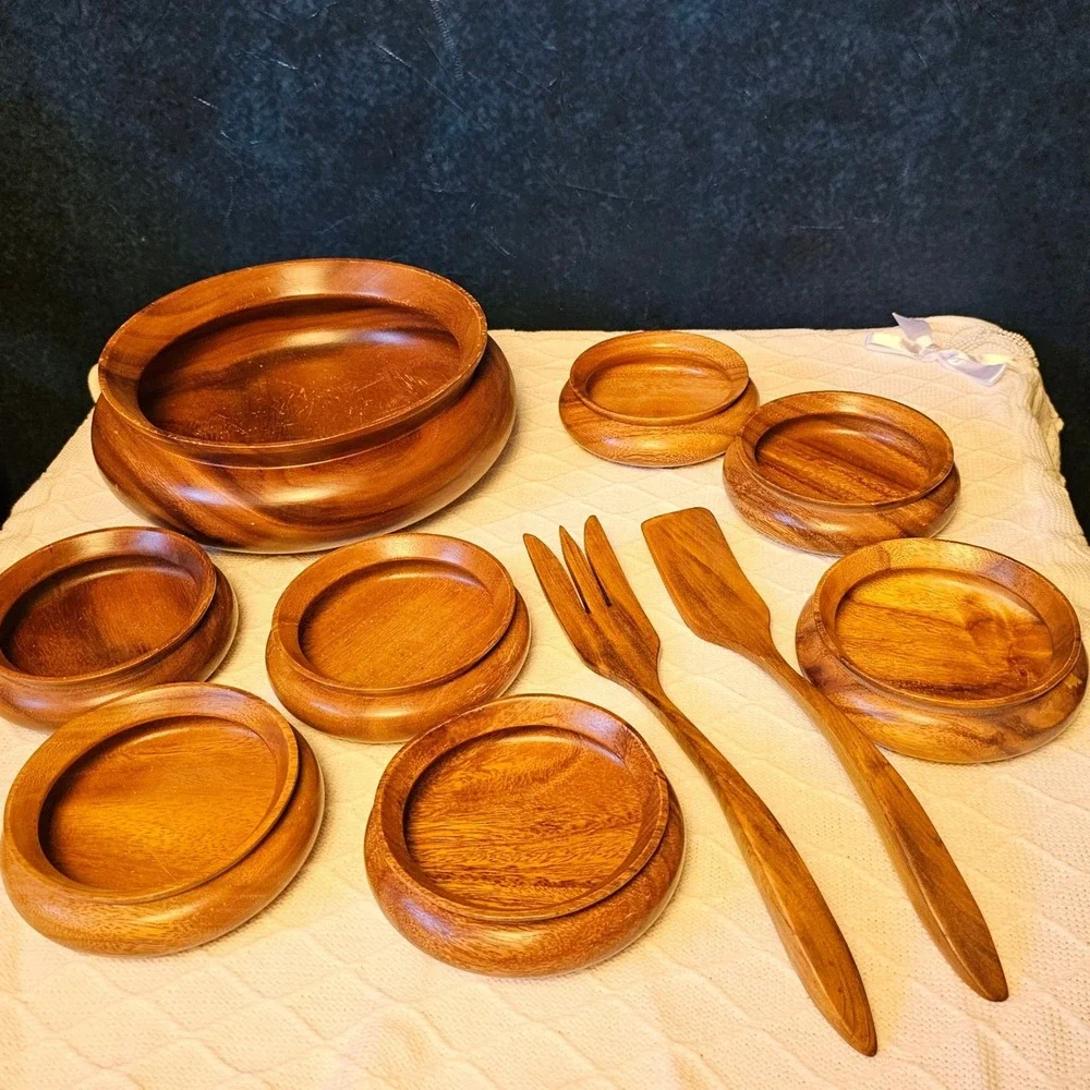 Vintage MCM Monkeypod Wood Salad Bowl Set 10 Piece Set Hawaiian Hand Carved